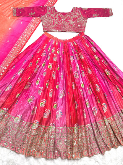 Multi Color Heavy Chinon Silk With Heavy Embroidery Sequence Work With Beautiful Digital Print Work Lehenga Choli