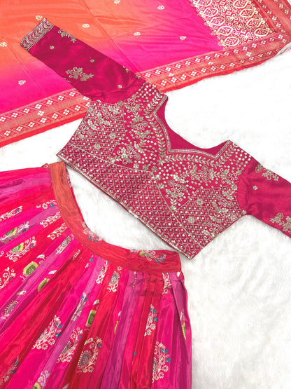 Multi Color Heavy Chinon Silk With Heavy Embroidery Sequence Work With Beautiful Digital Print Work Lehenga Choli