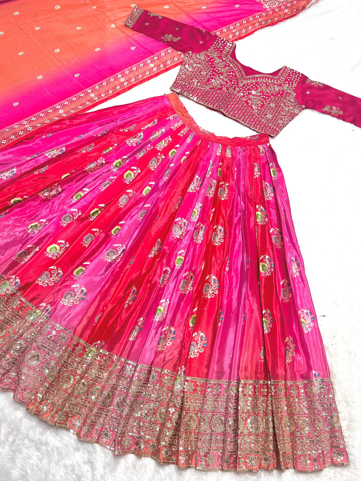 Multi Color Heavy Chinon Silk With Heavy Embroidery Sequence Work With Beautiful Digital Print Work Lehenga Choli