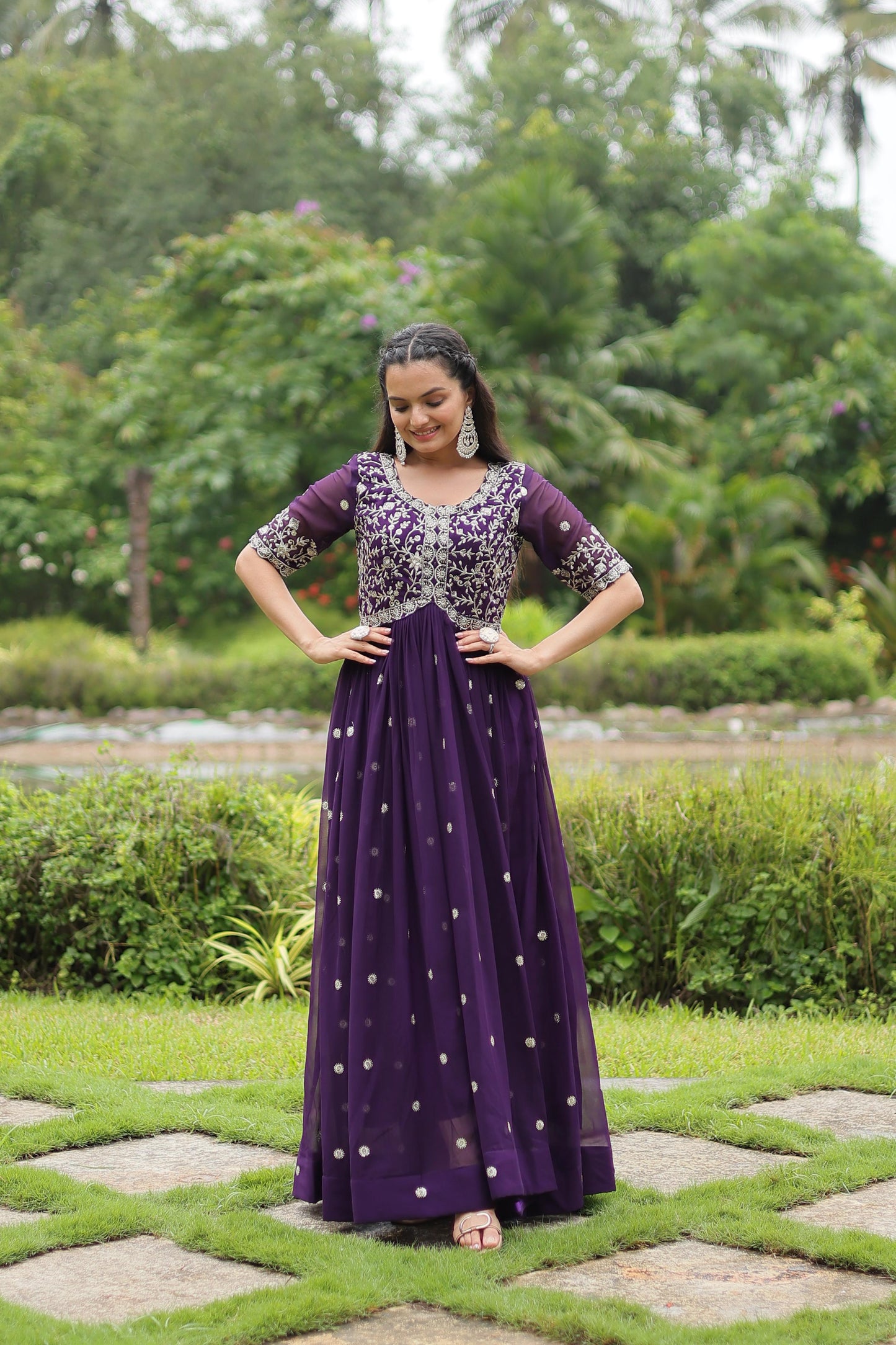 Party Wear Purple Color Faux Blooming With Embroidery Zari Sequin Work Designer Gown