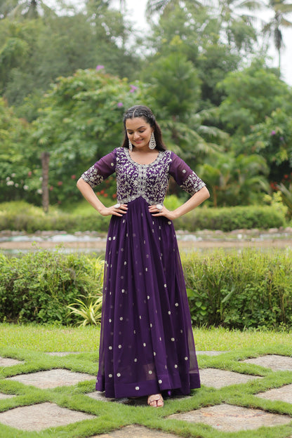 Party Wear Purple Color Faux Blooming With Embroidery Zari Sequin Work Designer Gown