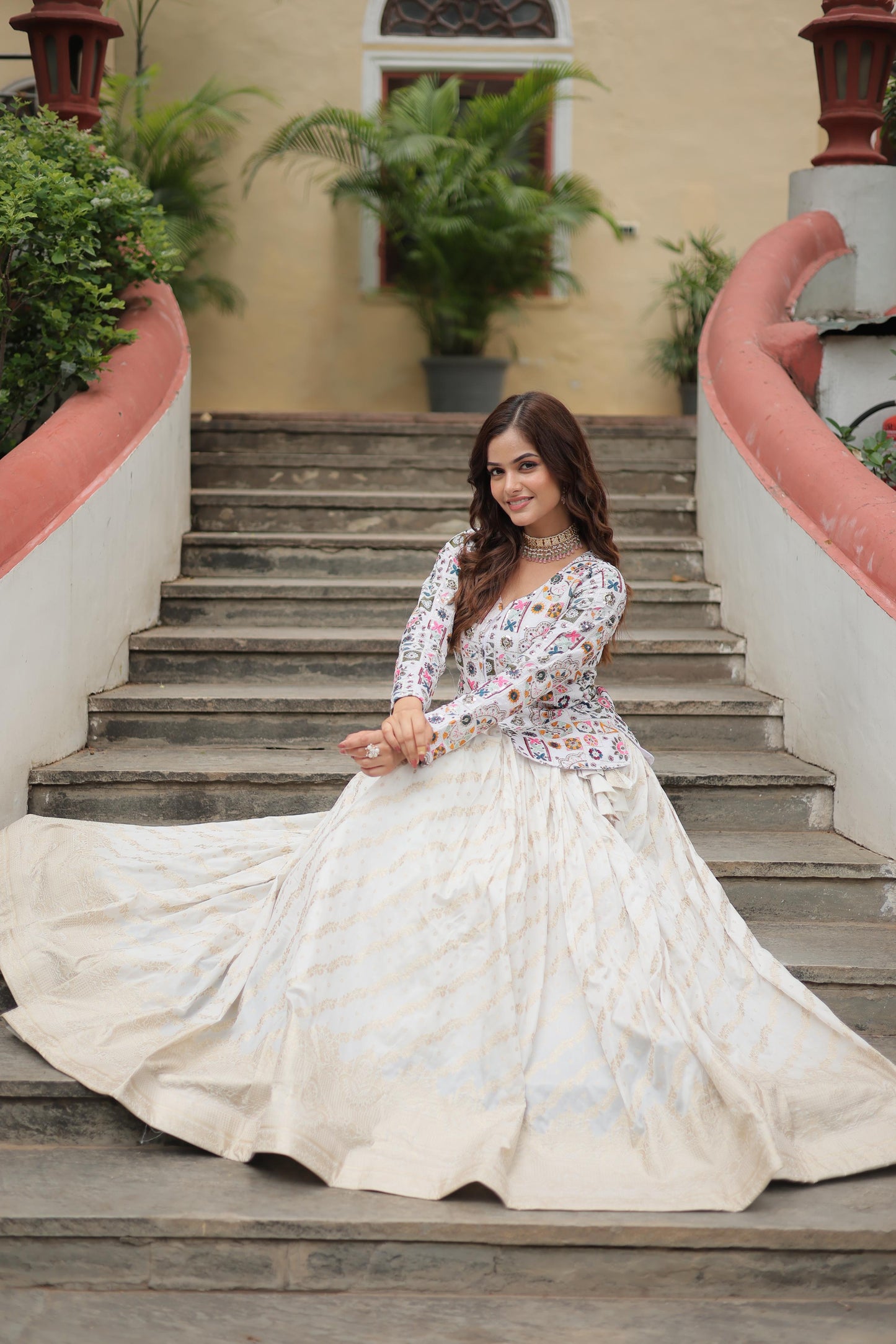 Sangeet Wear Off White Color Faux Georgette With Embroidered Work Pure Dayble Viscose Jacquard Lehenga Choli