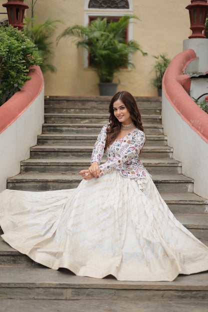 Sangeet Wear Off White Color Faux Georgette With Embroidered Work Pure Dayble Viscose Jacquard Lehenga Choli