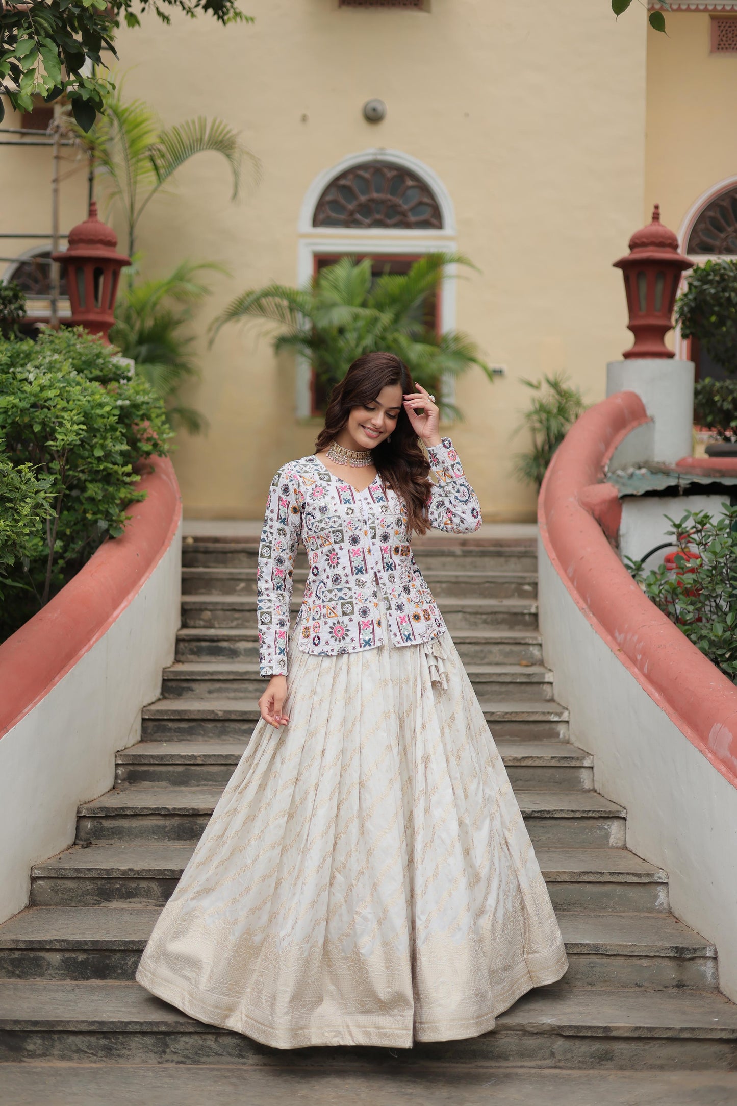 Sangeet Wear Off White Color Faux Georgette With Embroidered Work Pure Dayble Viscose Jacquard Lehenga Choli