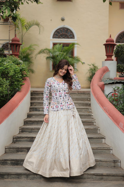 Sangeet Wear Off White Color Faux Georgette With Embroidered Work Pure Dayble Viscose Jacquard Lehenga Choli