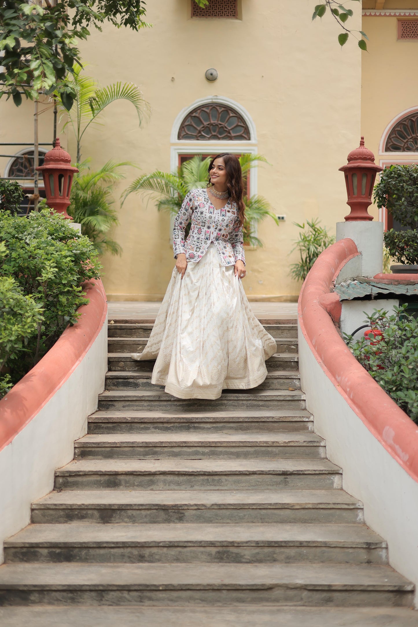 Sangeet Wear Off White Color Faux Georgette With Embroidered Work Pure Dayble Viscose Jacquard Lehenga Choli