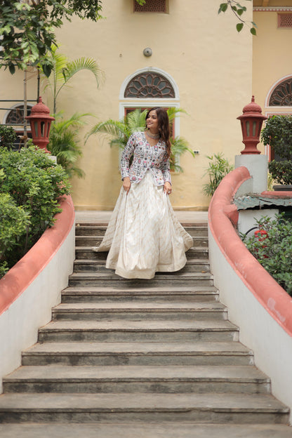 Sangeet Wear Off White Color Faux Georgette With Embroidered Work Pure Dayble Viscose Jacquard Lehenga Choli