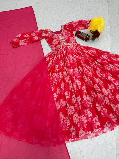 Demanding Red Color Faux Georgette And Embroidery Thread Work With Digital Printed Designer Gown