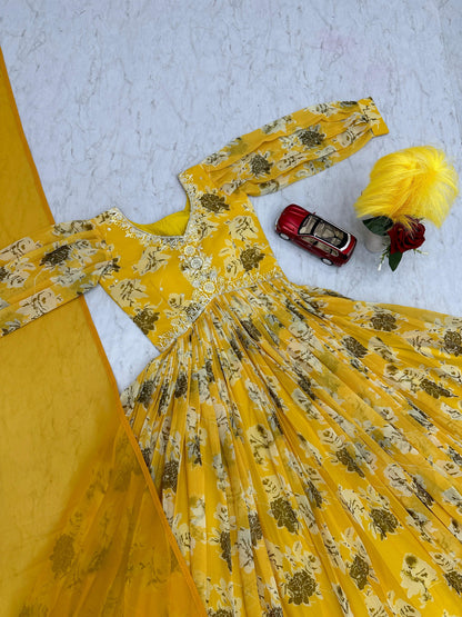 Charming Mustard Color Faux Georgette And Embroidery Thread Work With Digital Printed Designer Gown