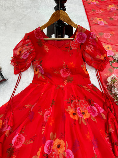Stylish Red Color Tabby Organza Digital Flower Printed Designer Gown With Plazzo