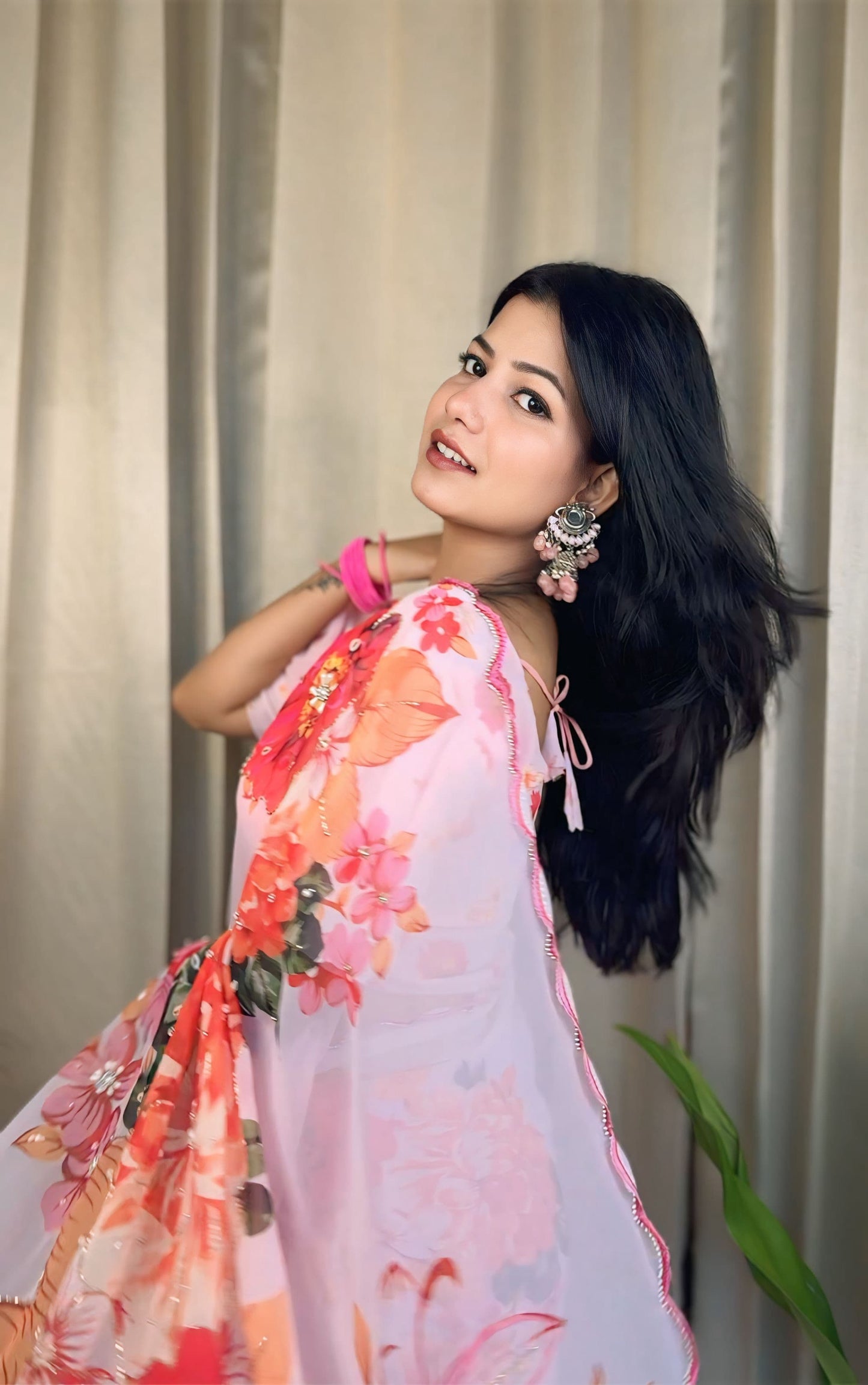 Ceremony Wear Baby Pink Color Soft Georgette Silk With Floral Print Designer Saree