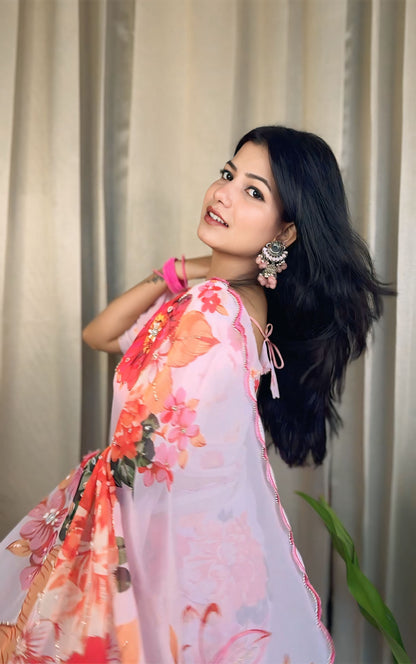 Ceremony Wear Baby Pink Color Soft Georgette Silk With Floral Print Designer Saree