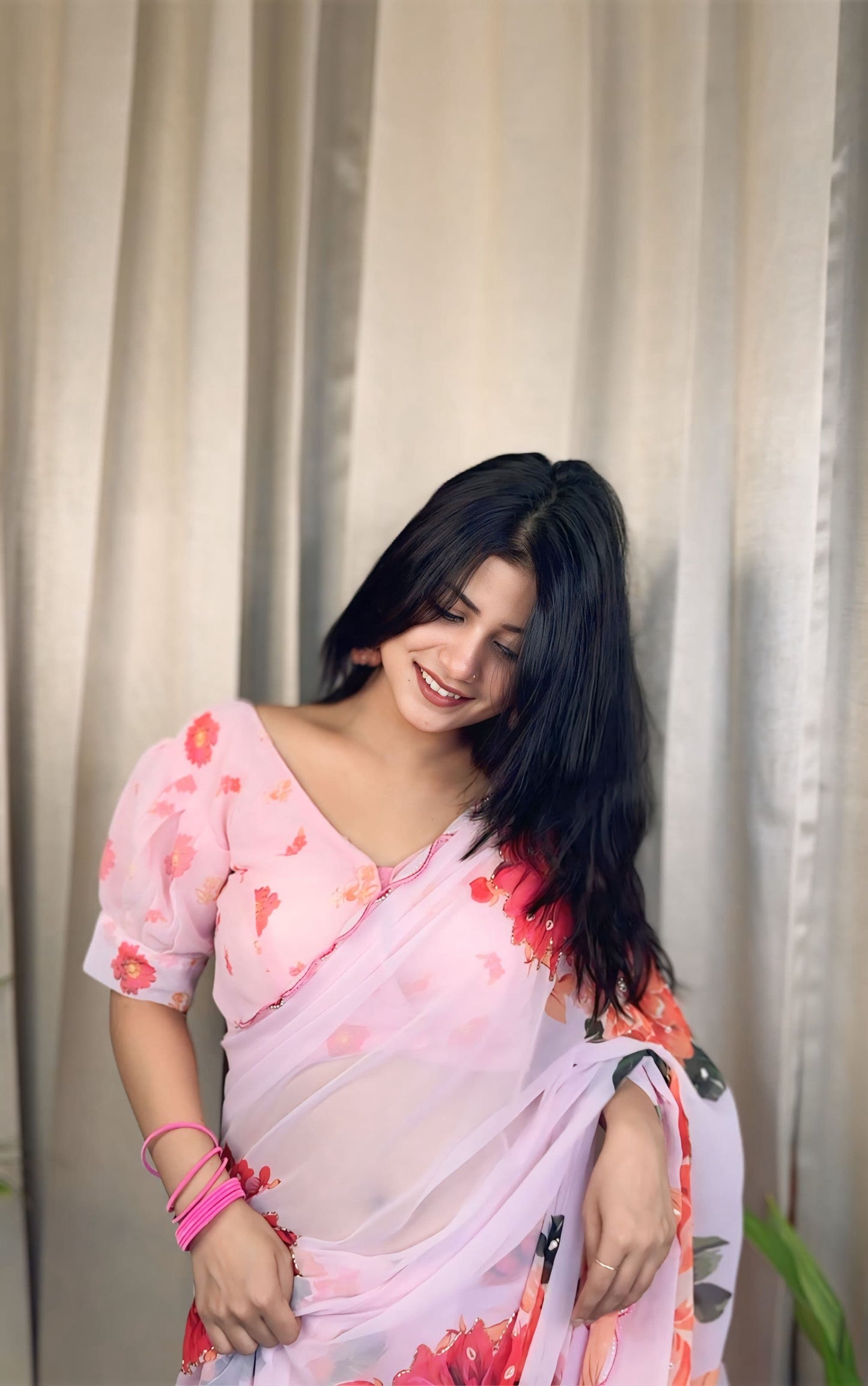 Ceremony Wear Baby Pink Color Soft Georgette Silk With Floral Print Designer Saree