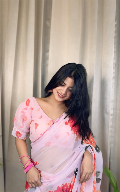 Ceremony Wear Baby Pink Color Soft Georgette Silk With Floral Print Designer Saree