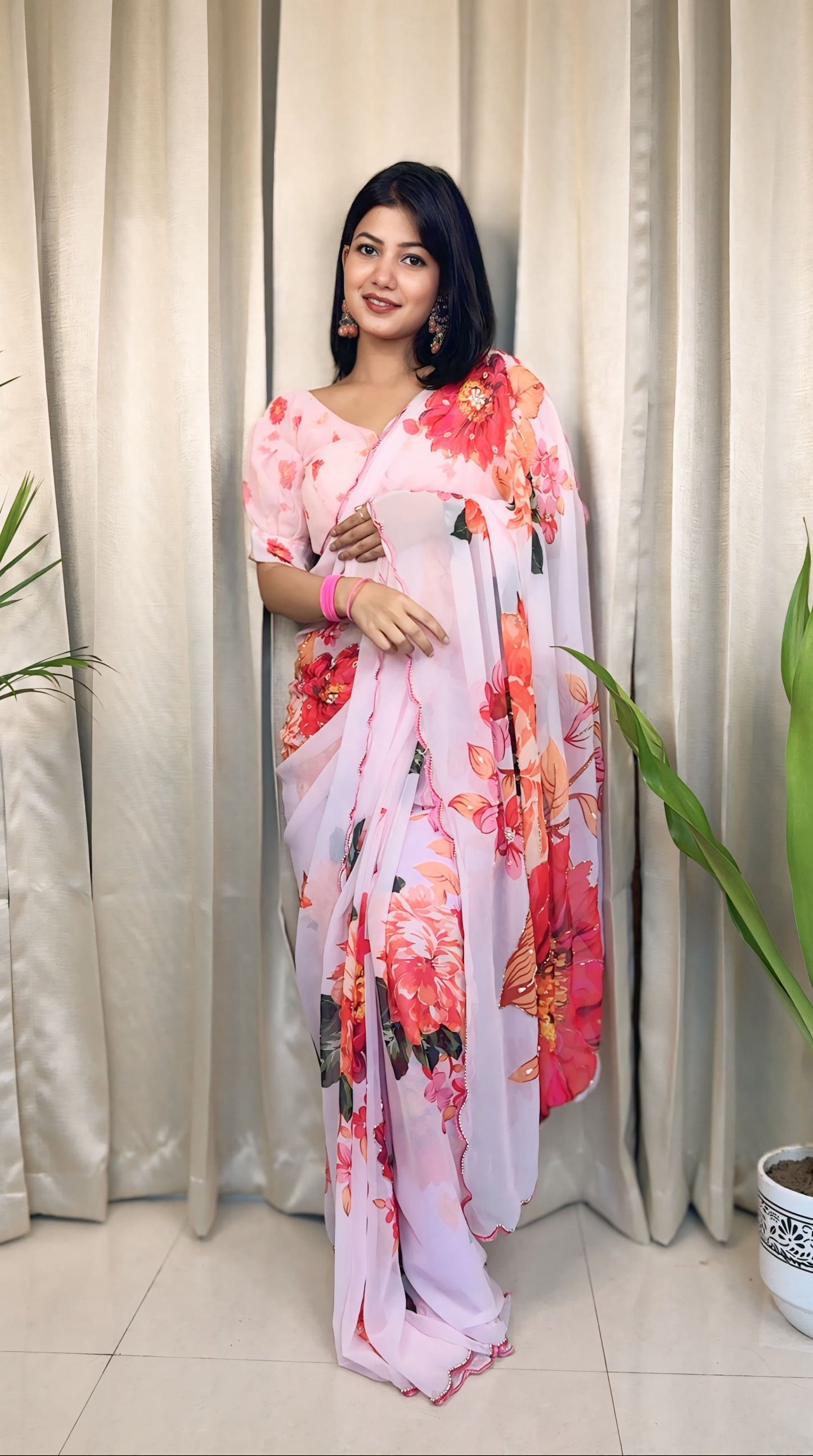 Ceremony Wear Baby Pink Color Soft Georgette Silk With Floral Print Designer Saree