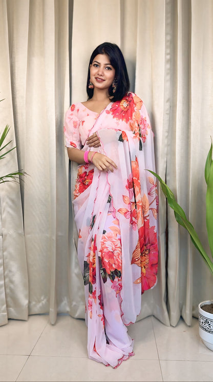Ceremony Wear Baby Pink Color Soft Georgette Silk With Floral Print Designer Saree