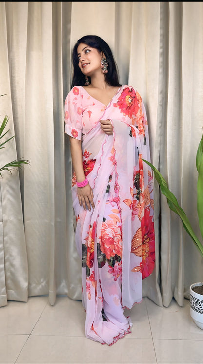 Ceremony Wear Baby Pink Color Soft Georgette Silk With Floral Print Designer Saree