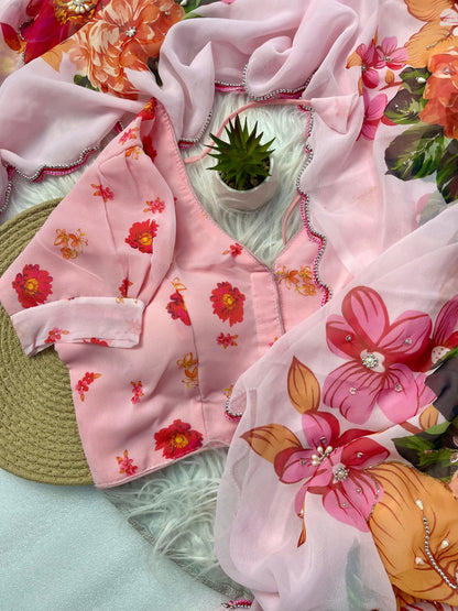Ceremony Wear Baby Pink Color Soft Georgette Silk With Floral Print Designer Saree