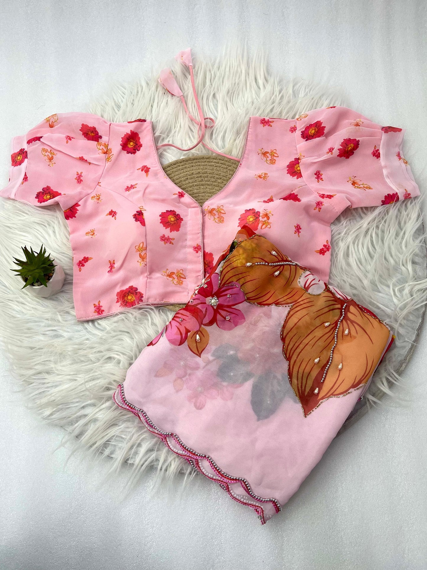 Ceremony Wear Baby Pink Color Soft Georgette Silk With Floral Print Designer Saree