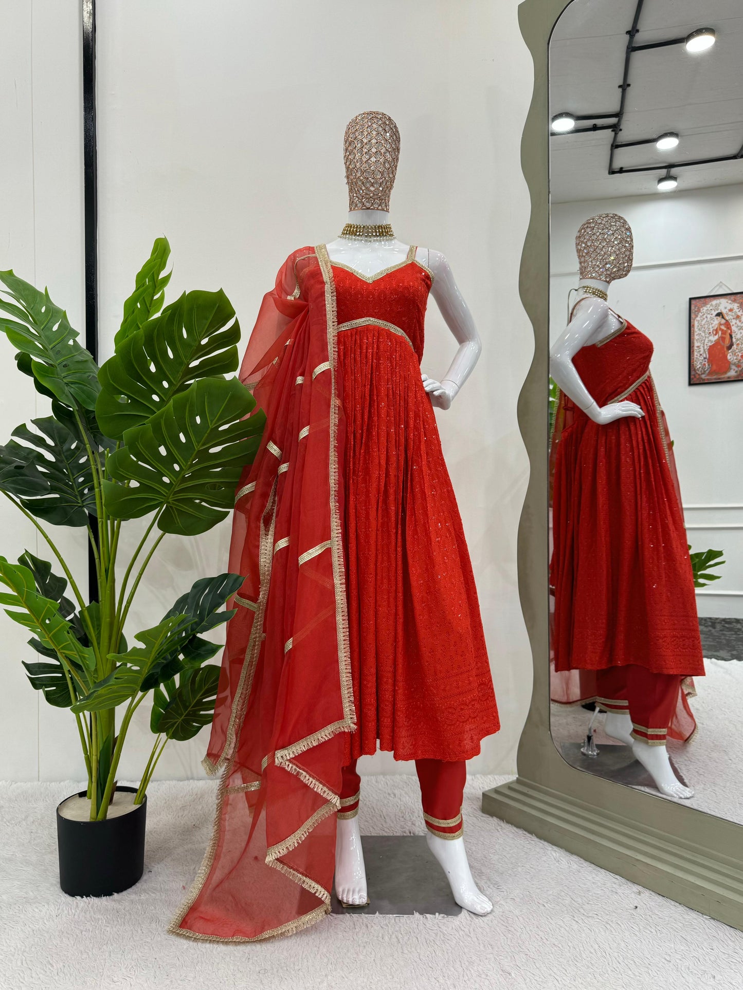 Delightful Red Color Rayon Silk Chikankari With Sequence Work Designer Anarkali Suit