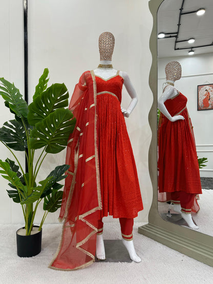 Delightful Red Color Rayon Silk Chikankari With Sequence Work Designer Anarkali Suit