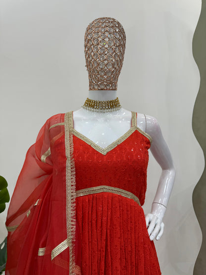 Delightful Red Color Rayon Silk Chikankari With Sequence Work Designer Anarkali Suit