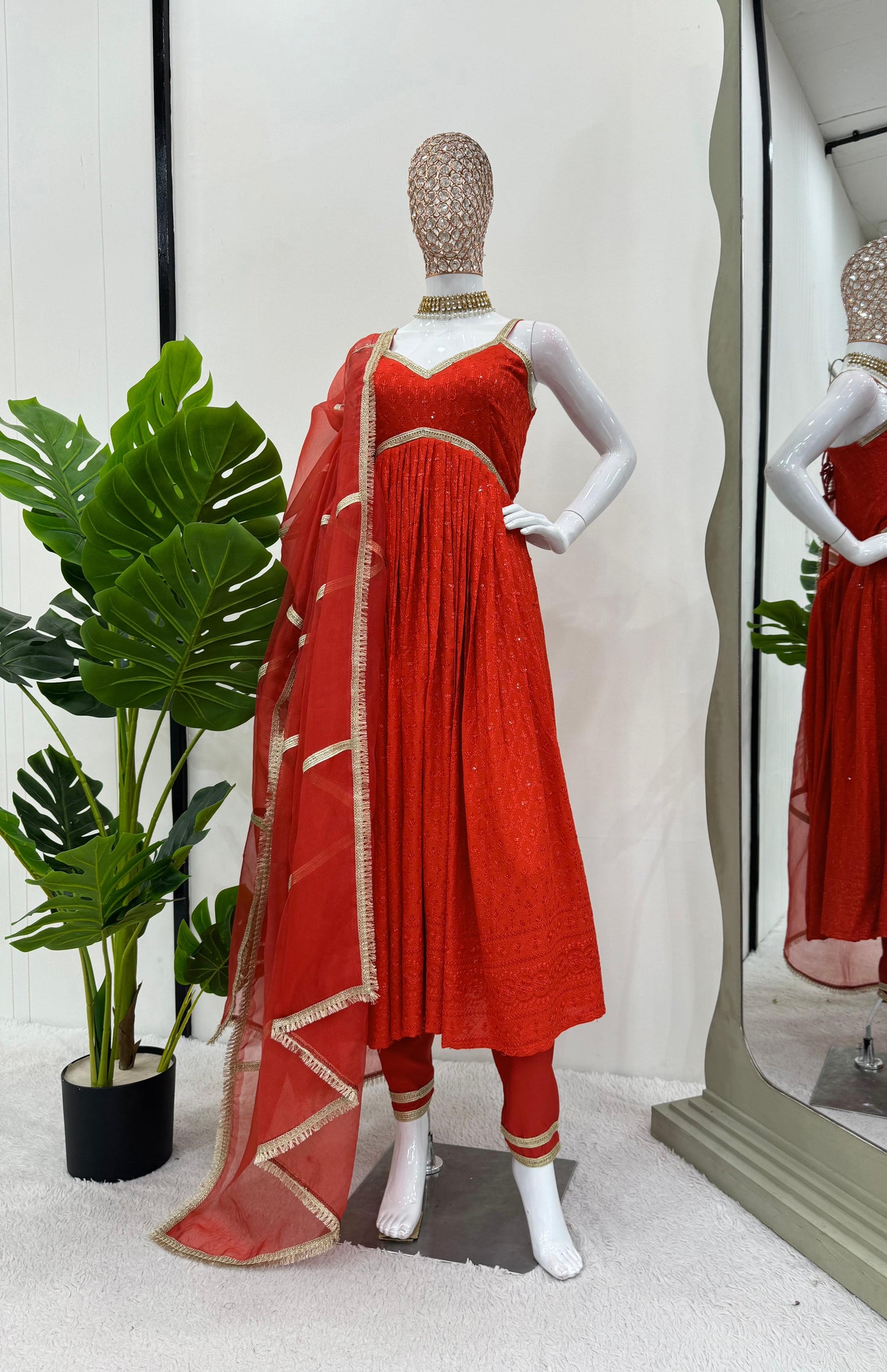 Delightful Red Color Rayon Silk Chikankari With Sequence Work Designer Anarkali Suit