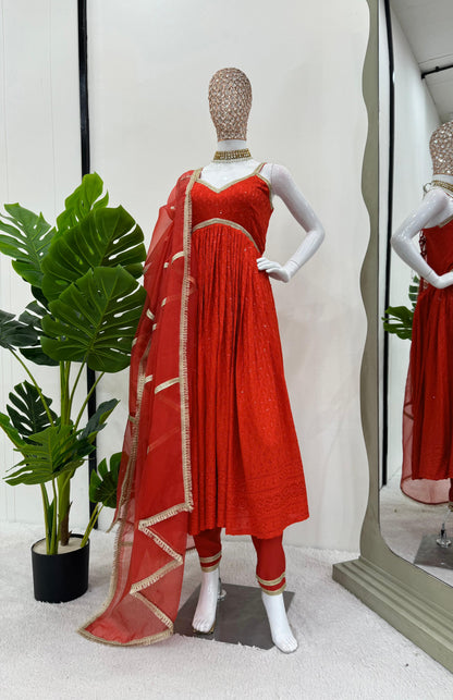 Delightful Red Color Rayon Silk Chikankari With Sequence Work Designer Anarkali Suit