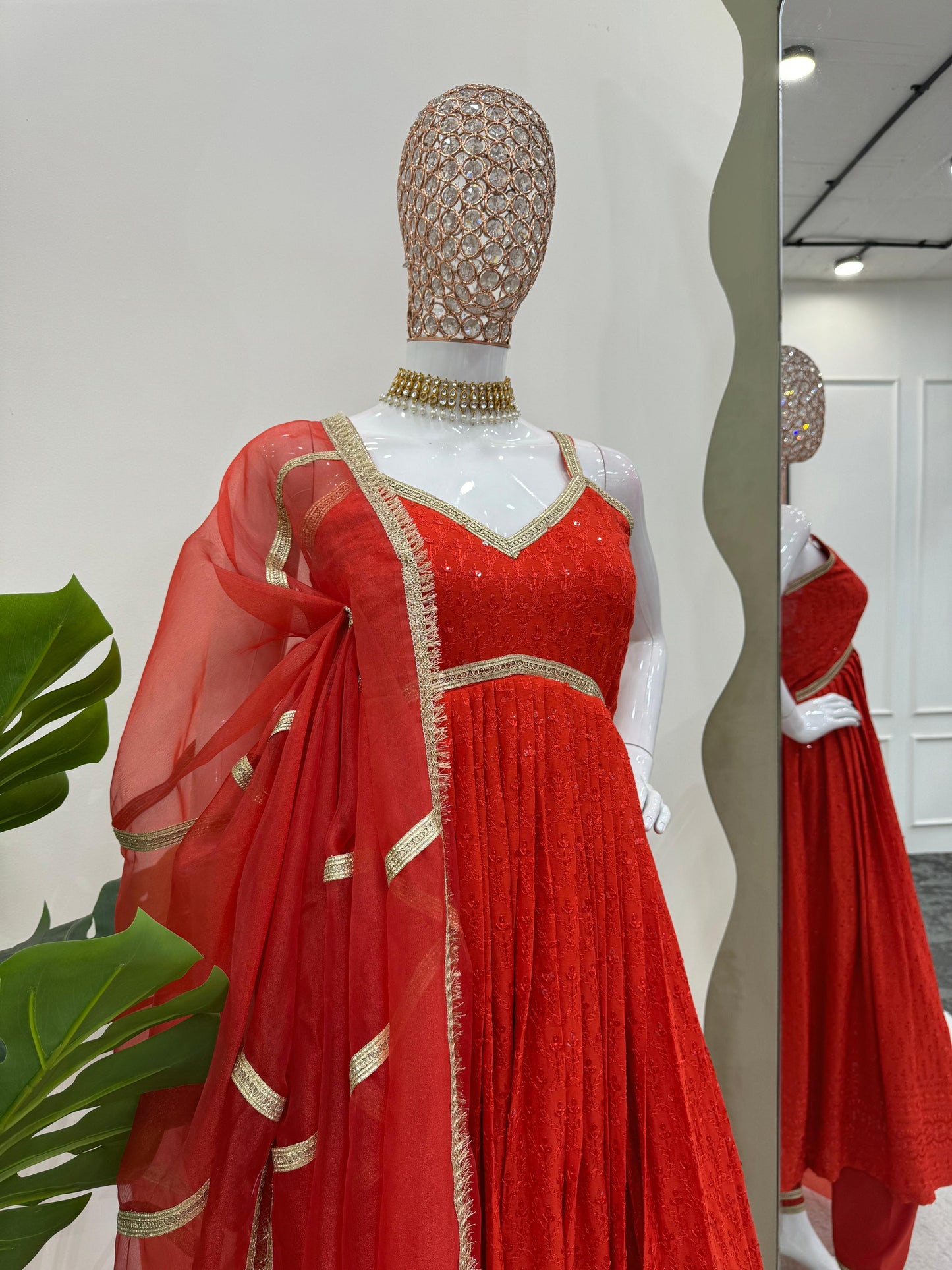 Delightful Red Color Rayon Silk Chikankari With Sequence Work Designer Anarkali Suit