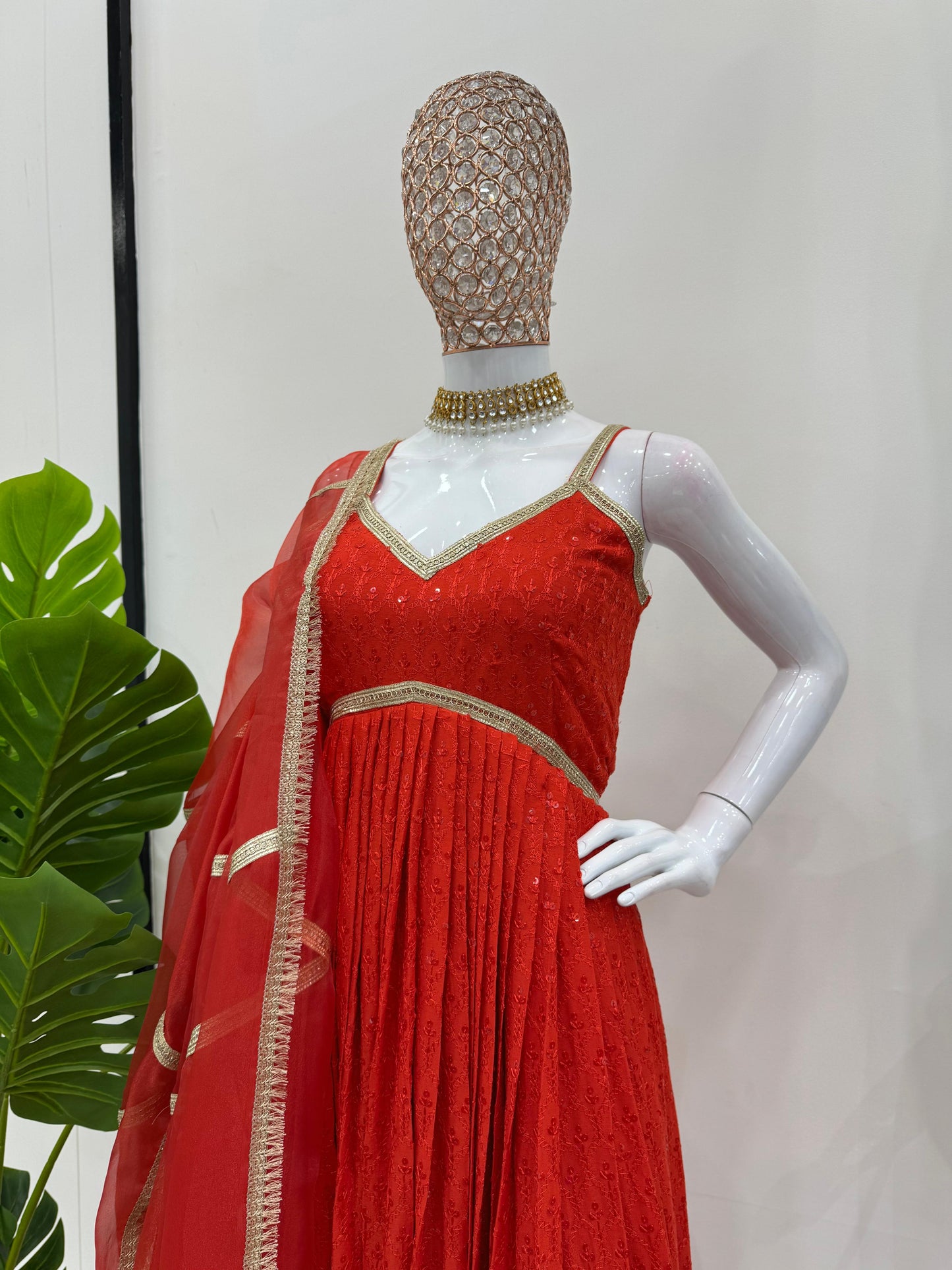 Delightful Red Color Rayon Silk Chikankari With Sequence Work Designer Anarkali Suit