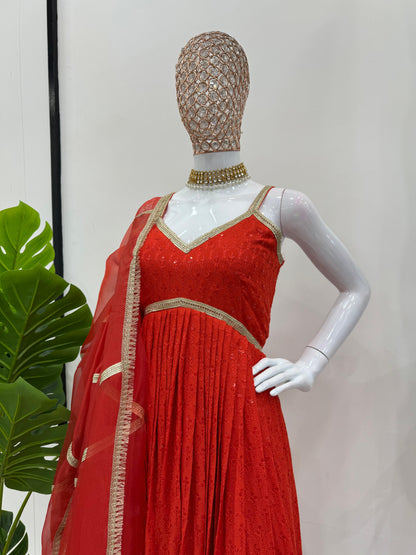 Delightful Red Color Rayon Silk Chikankari With Sequence Work Designer Anarkali Suit
