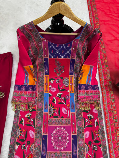 Party Wear American Silk Digital Print With Diamond And Fancy Latkan Designer Salwar Suit