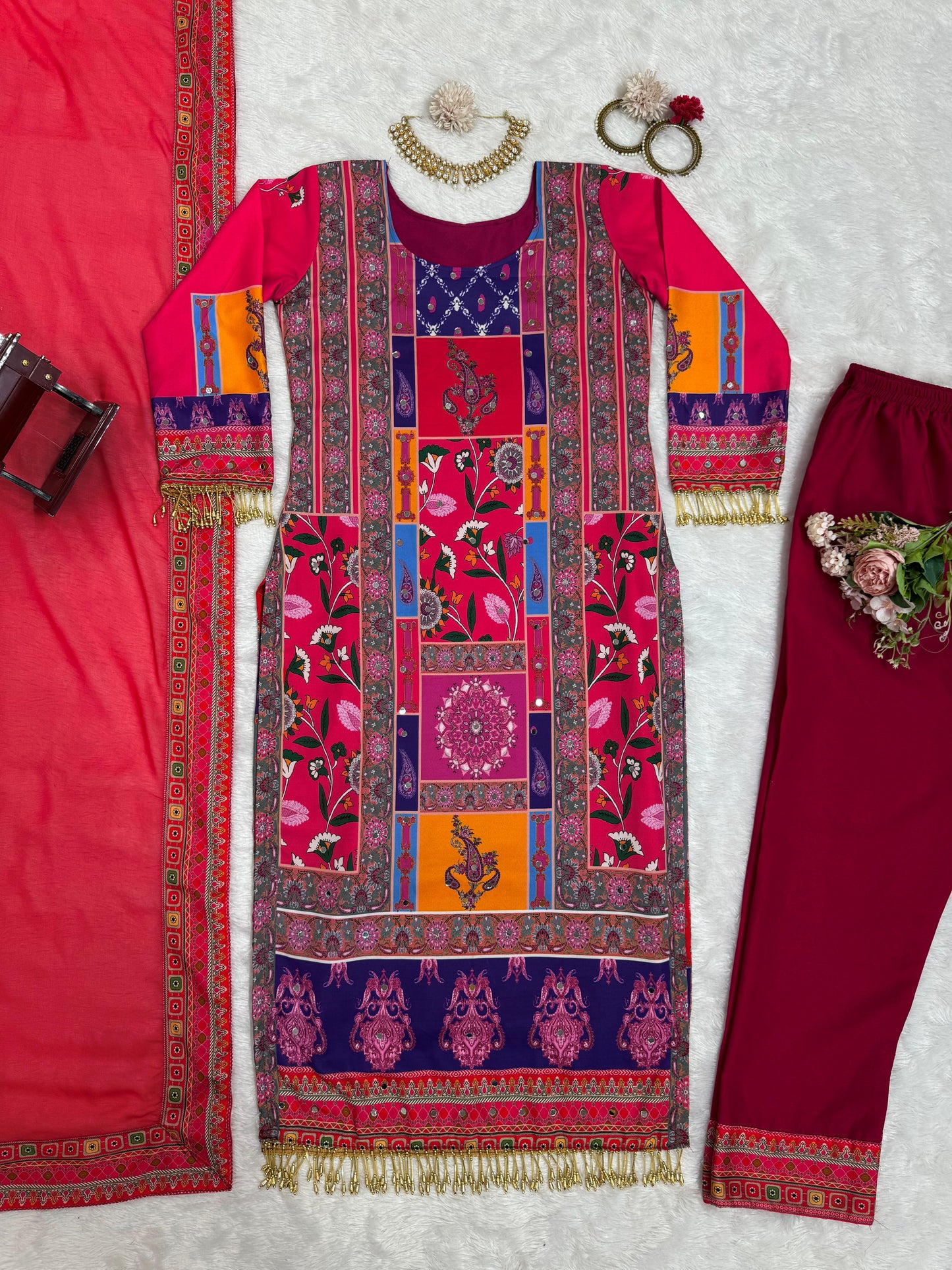 Party Wear American Silk Digital Print With Diamond And Fancy Latkan Designer Salwar Suit