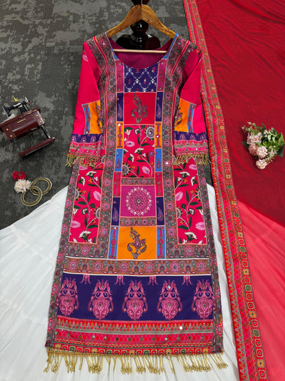 Party Wear American Silk Digital Print With Diamond And Fancy Latkan Designer Lehenga Suit