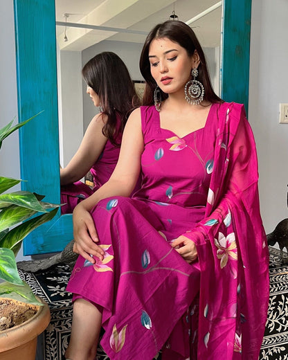 Casual Wear Pink Color Floral Hand Printed Georgette Kurta With Pent