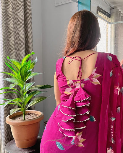 Casual Wear Pink Color Floral Hand Printed Georgette Kurta With Pent