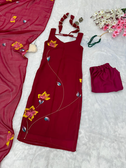 Casual Wear Pink Color Floral Hand Printed Georgette Kurta With Pent