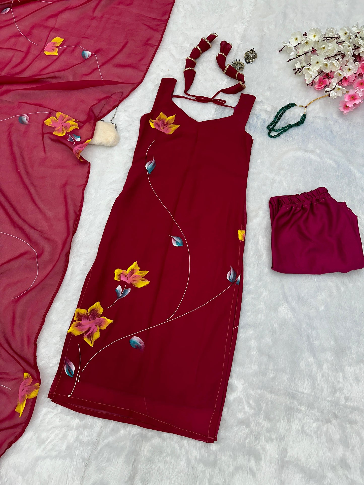 Casual Wear Pink Color Floral Hand Printed Georgette Kurta With Pent