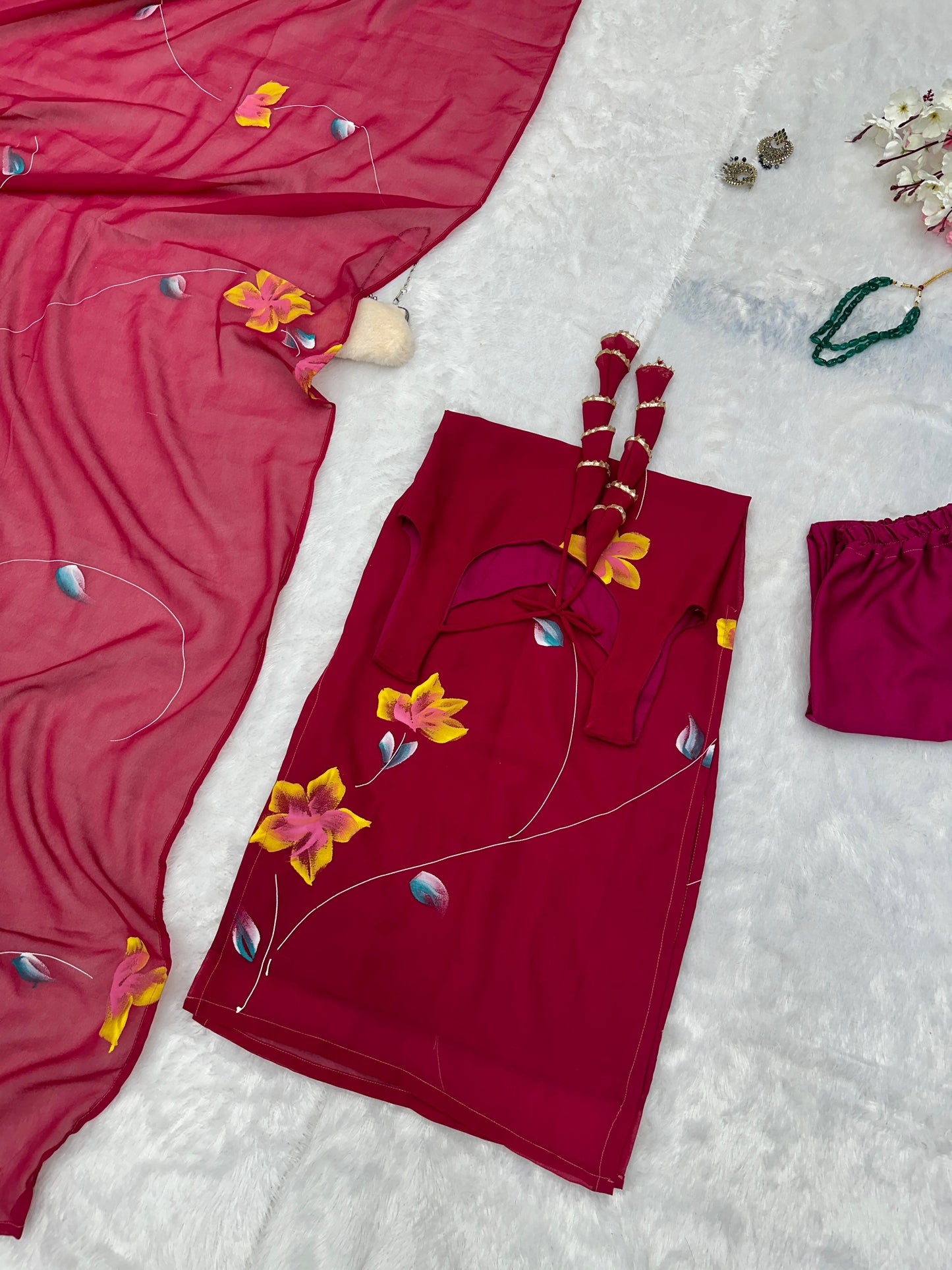 Casual Wear Pink Color Floral Hand Printed Georgette Kurta With Pent