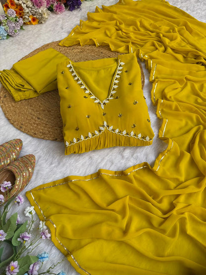 Party Wear Look Faux Georgette Mustard Yellow Color Gown With Dupatta