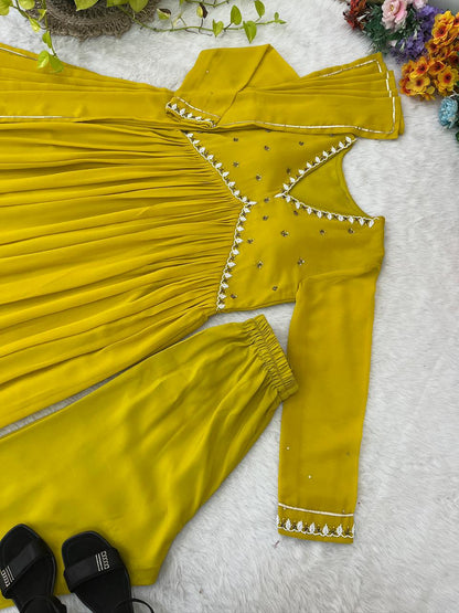 Party Wear Look Faux Georgette Mustard Yellow Color Gown With Dupatta