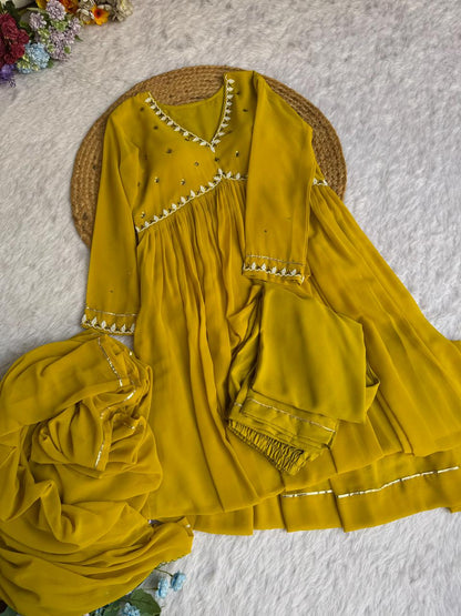 Party Wear Look Faux Georgette Mustard Yellow Color Gown With Dupatta