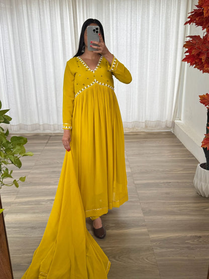 Party Wear Look Faux Georgette Mustard Yellow Color Gown With Dupatta