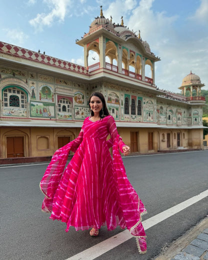 Party Wear Pink Color Pure Georgette Laheriya Printed Designer Anarkali Suit