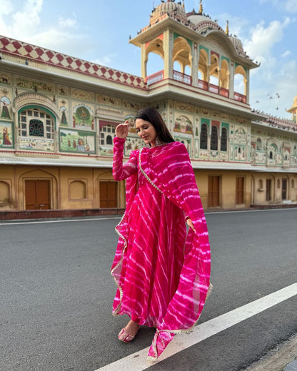 Party Wear Pink Color Pure Georgette Laheriya Printed Designer Anarkali Suit