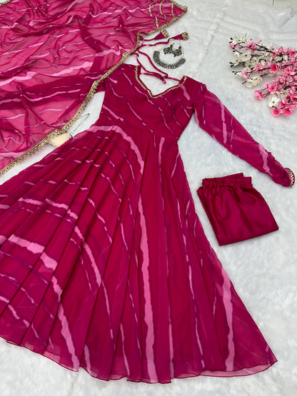 Party Wear Pink Color Pure Georgette Laheriya Printed Designer Anarkali Suit