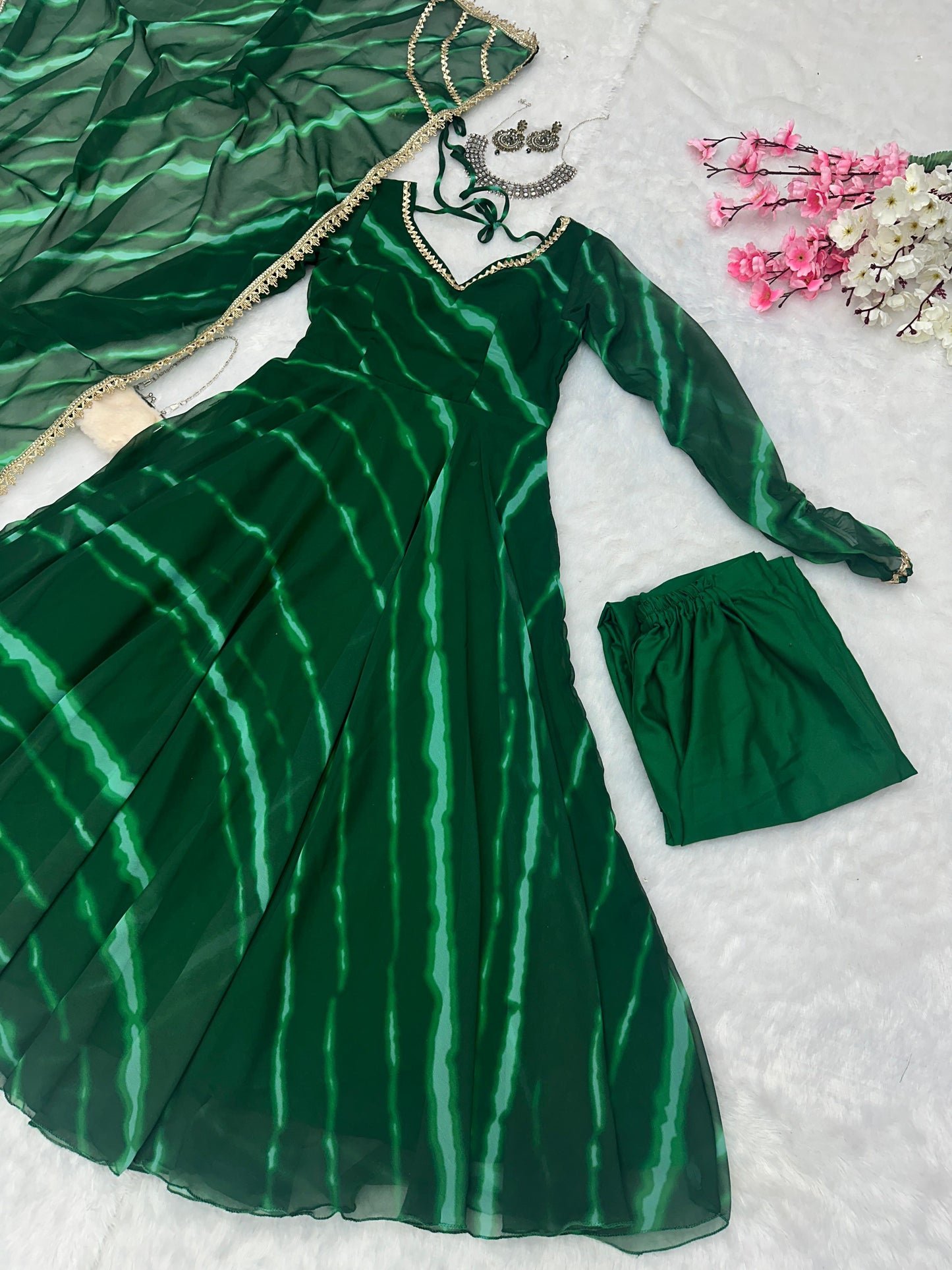 Party Wear Green Color Pure Georgette Laheriya Printed Designer Anarkali Suit