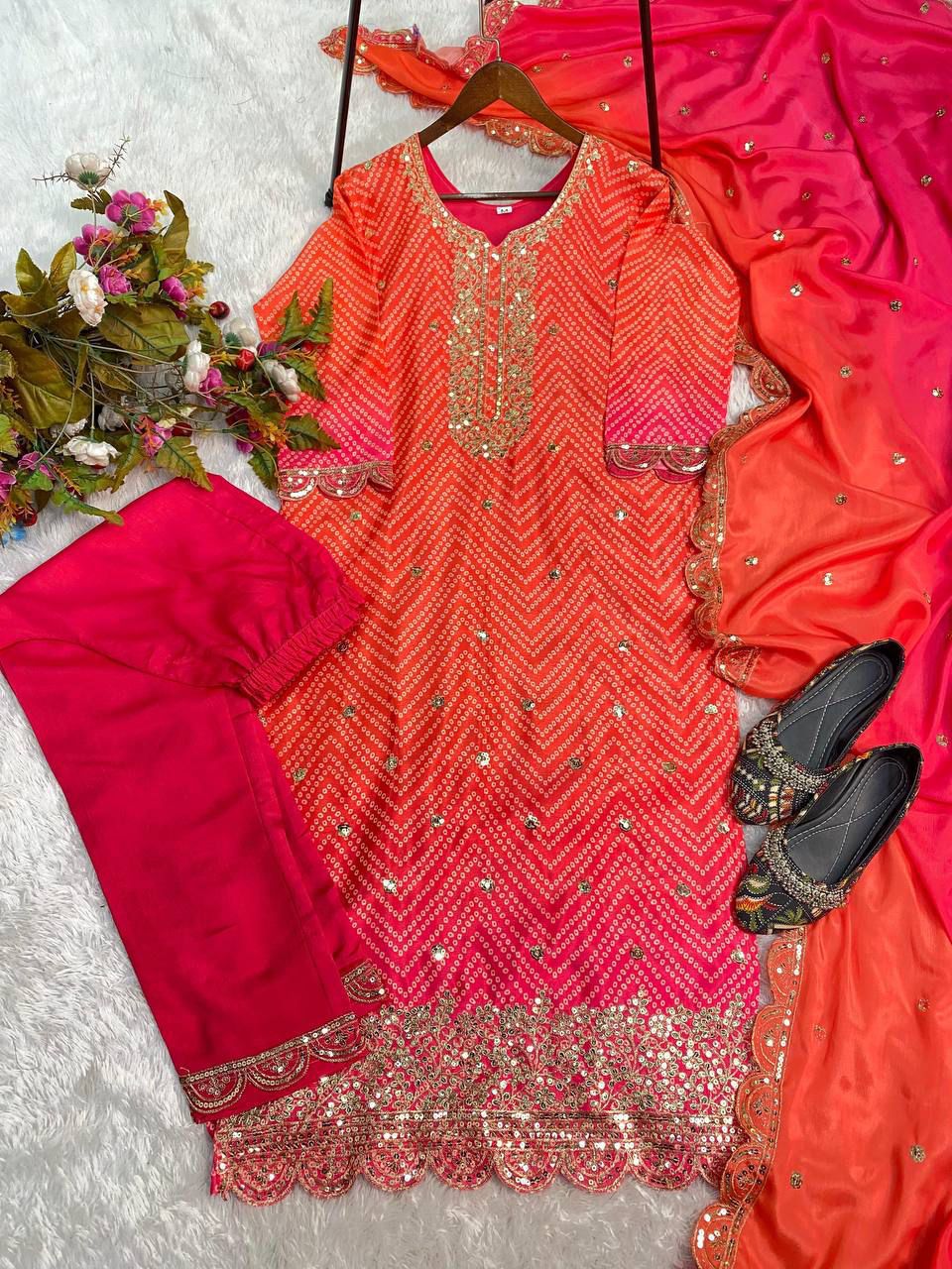 Beautiful Orange Color Pure Chinon Silk Printed With Sequences Embroidery Work Salwar Suit