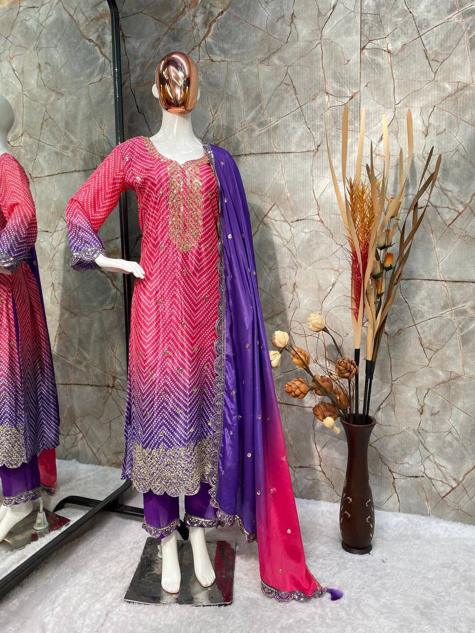 Beautiful Purple And Pink Color Pure Chinon Silk Printed With Sequences Embroidery Work Salwar Suit