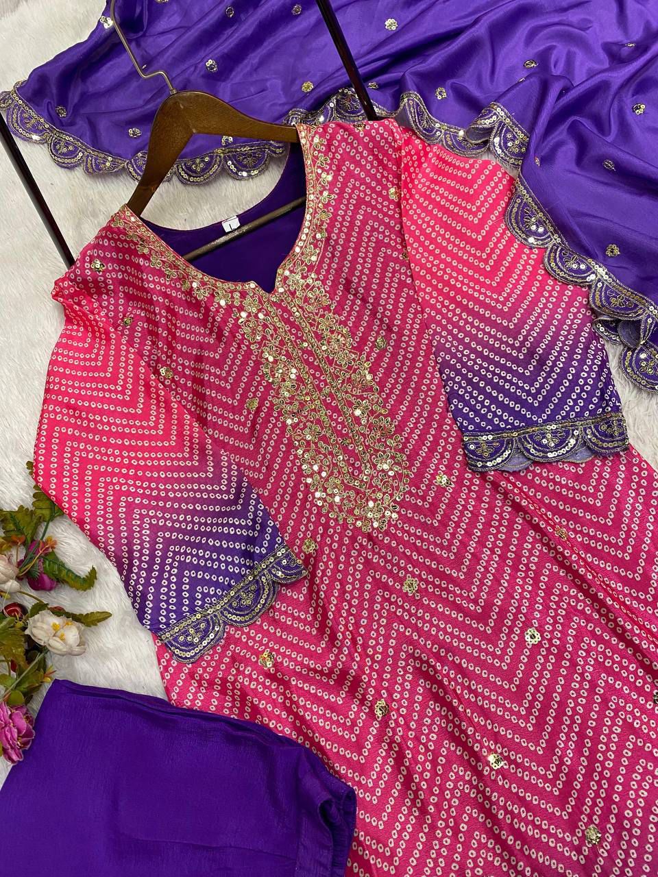 Beautiful Purple And Pink Color Pure Chinon Silk Printed With Sequences Embroidery Work Salwar Suit